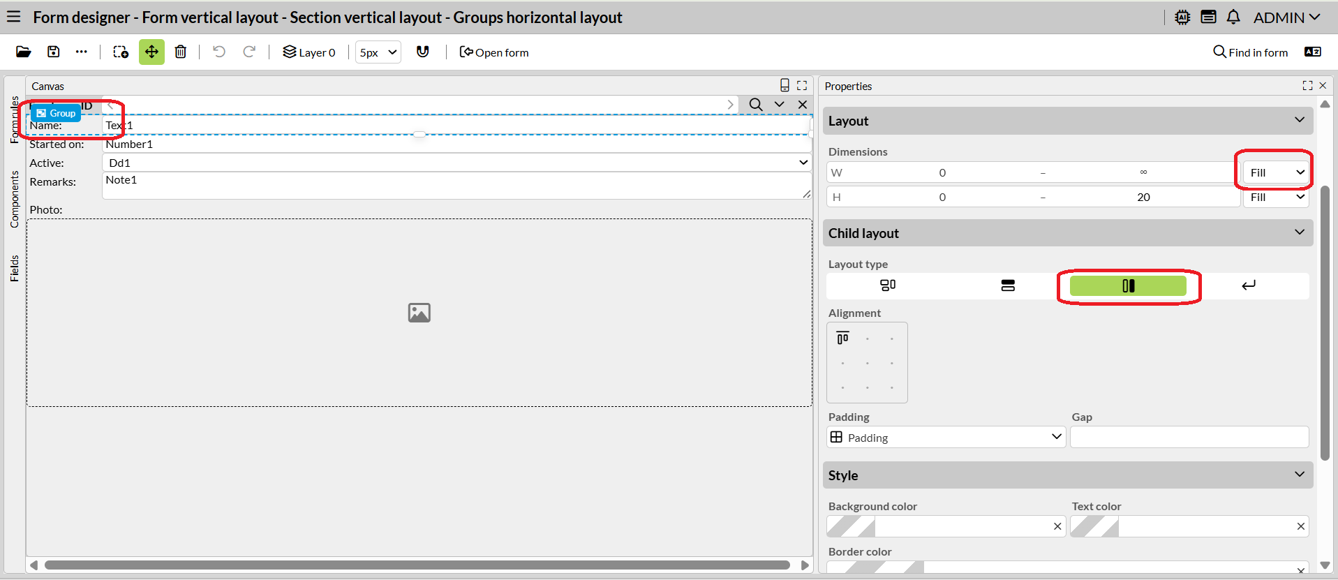 Form vertical layout   Section vertical layout   Groups horizontal layout (design)
